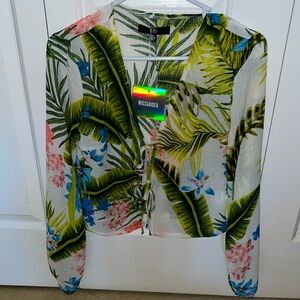 Missguided Tropical Floral Long Sleeve Tie Front Top Size 4 New With Tags